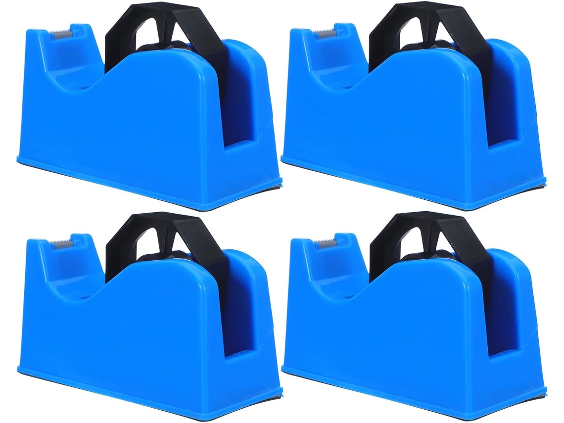 Dispensador portátil de fita adesiva azul em plástico, com base antiderrapante e design ajustável de tamanho duplo.
