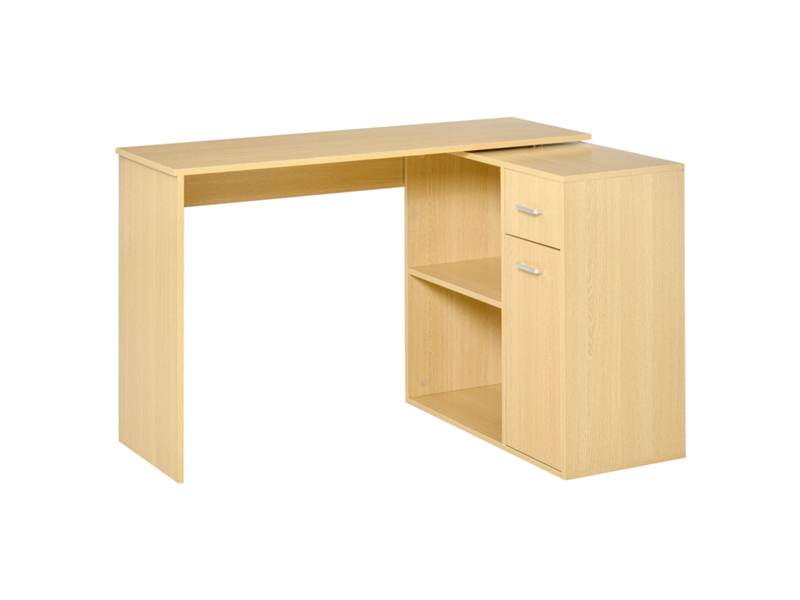 Mesa De Computador Giratória Moderna Com 2 Prateleiras E 2 Gavetas, De Jantar Em Aglomerado, 117x82x74 Cm, Cor Carvalho E Madeira.