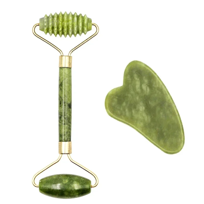 Conjunto de Massagem em Jade Natural, Rolo Gua Sha, Rolo de Massagem Spa para o Corpo e Rosto MDUG (conjunto B)