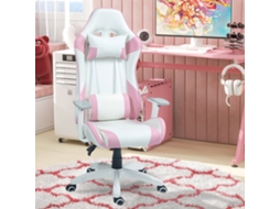 Cadeira Gaming Reclinável Com Almofada Lombar Apoio De Cabeça Basculante E Altura Ajustável 67x60x120-128 Cm Branco E Rosa