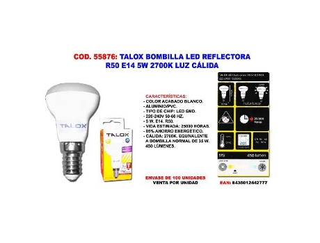 Talox bombilla led reflectora r50 e14 5w 2700k luz calida