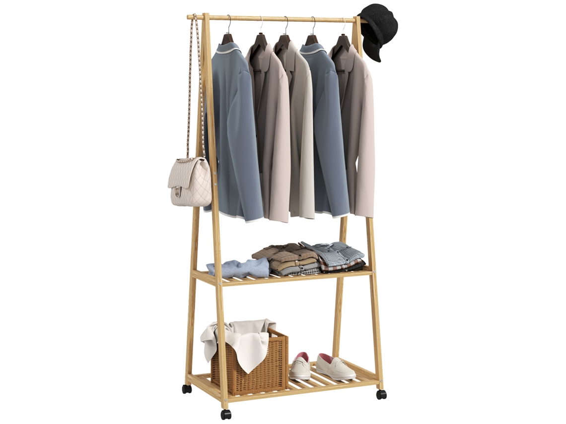 Cabide de Bambu com sapateira, 2 ganchos, móvel para hall e sala, natural DECORALAR TECH