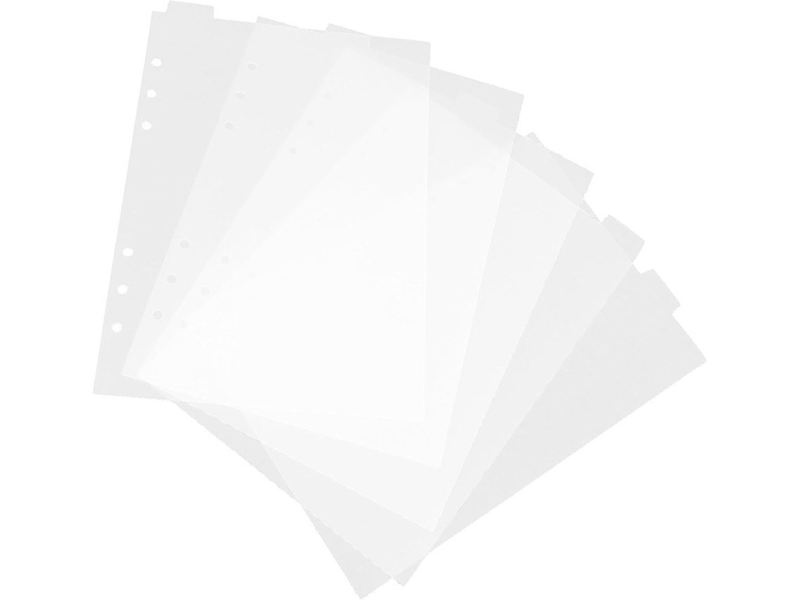 Divisórias transparentes de PVC para pastas A5 com 6 espaços, ideais para indexação e organização de agendas.