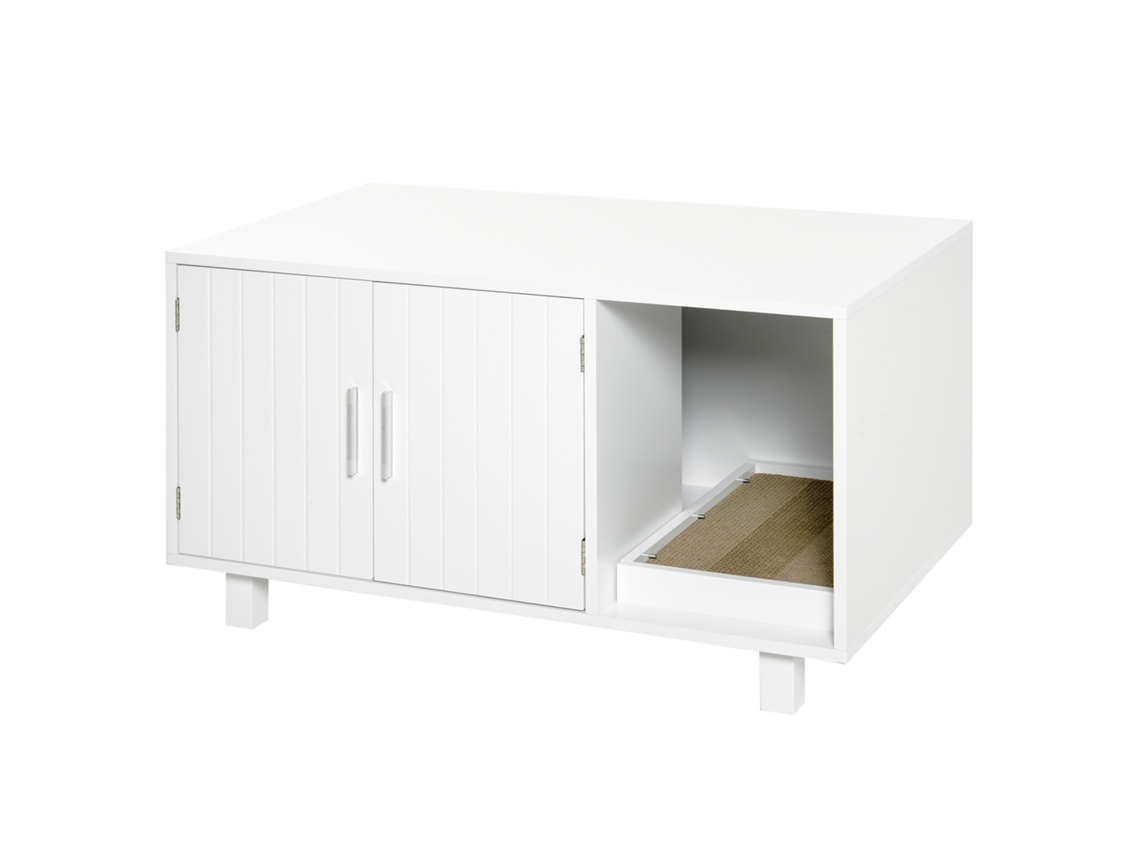 Armário de Madeira para Caixa de Areia de Gato com 2 Portas e Abertura Lateral com Arranhador, Branco E TOWN COMMERCE GMBH