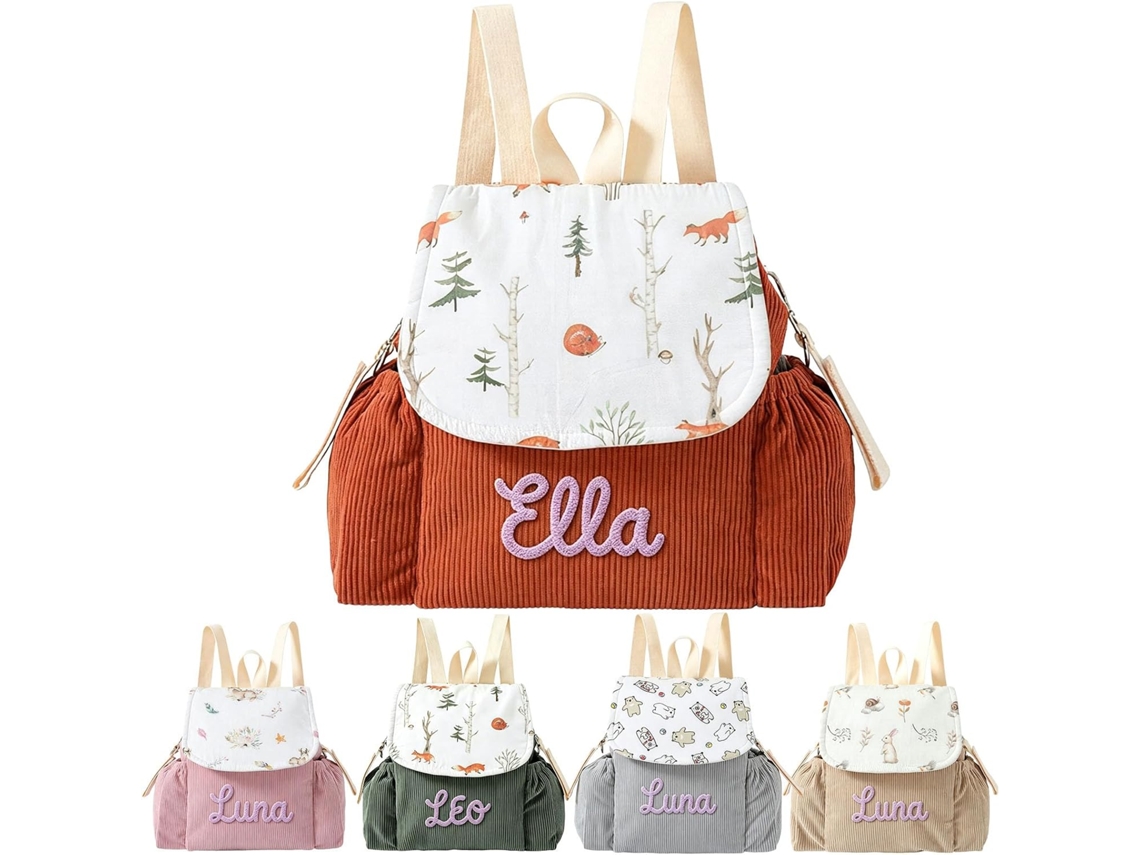 Mochila Infantil Personalizada Com Nome E Texto Bordados. Bolsa Veludo Cotelê Kawaii Personalizável.
