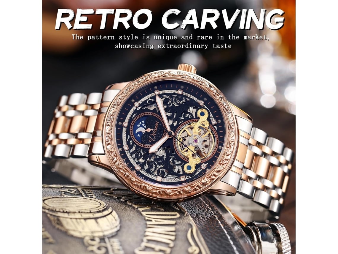 Masculino Esculpido Esqueleto Retro Auto-Vento Mecânico Fase Da Lua Turbilhão Automático Grande Mostrador Relógios de Pulso Masculino
