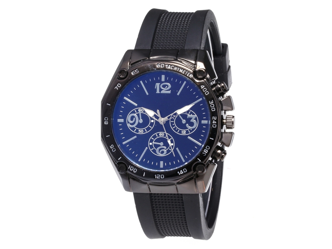 Relógio casual de quartzo para uso doméstico e feminino com pulseira de silicone e mostrador preto-azulado.