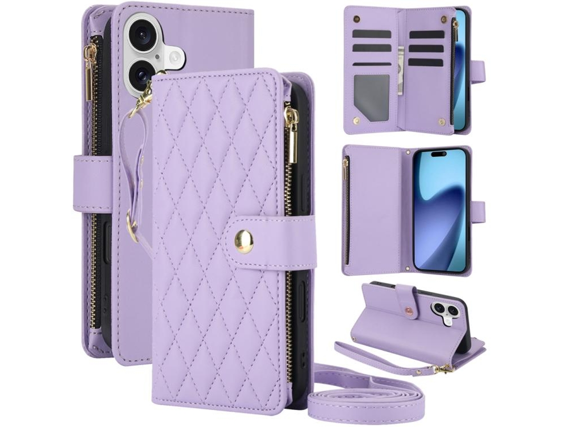 Capa Para Iphone 17 Em Couro Com Zíper Em Formato De Losango E Cordão.