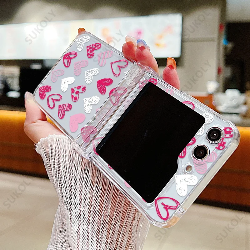((a100)samsung Z Flip4) Capa Dobrável Transparente À Prova De Choque Com Estampa De Coração Da Samsung Em Pc