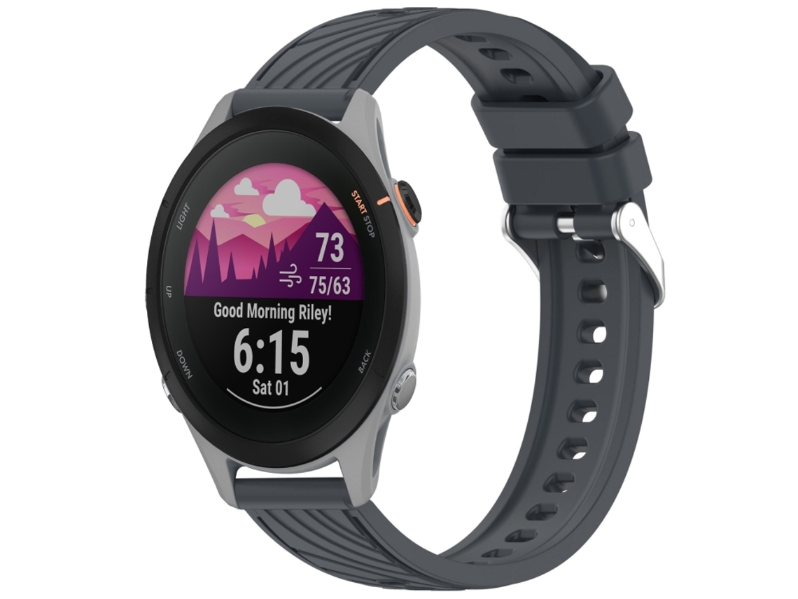Bracelete Para Garmin Forerunner 255s (18mm) - Silicone - Textura Listrada - Fivela De Aço Prate Cinza Escuro
