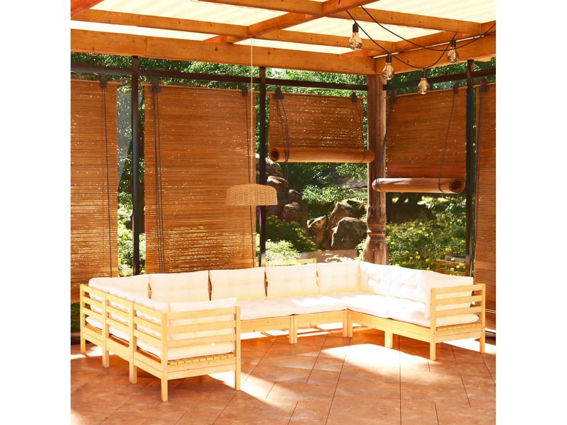 Vidaxl 9 Pcs Conjunto Lounge Jardim C/ Almofadões Cor Creme Pinho