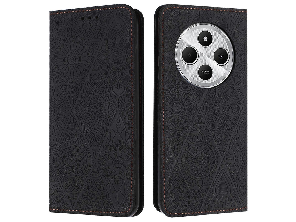 Compre Capa De Couro Com Estampa De Flor E Suporte Para Xiaomi Poco C75 4g / Redmi 14r 5g / 14c 4g, Preta