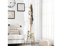Cabideiro Em Mdf E Alumínio Com 5 Ganchos De Bambu E Mesa Redonda, 39,5 X 39,5 X 171 Cm