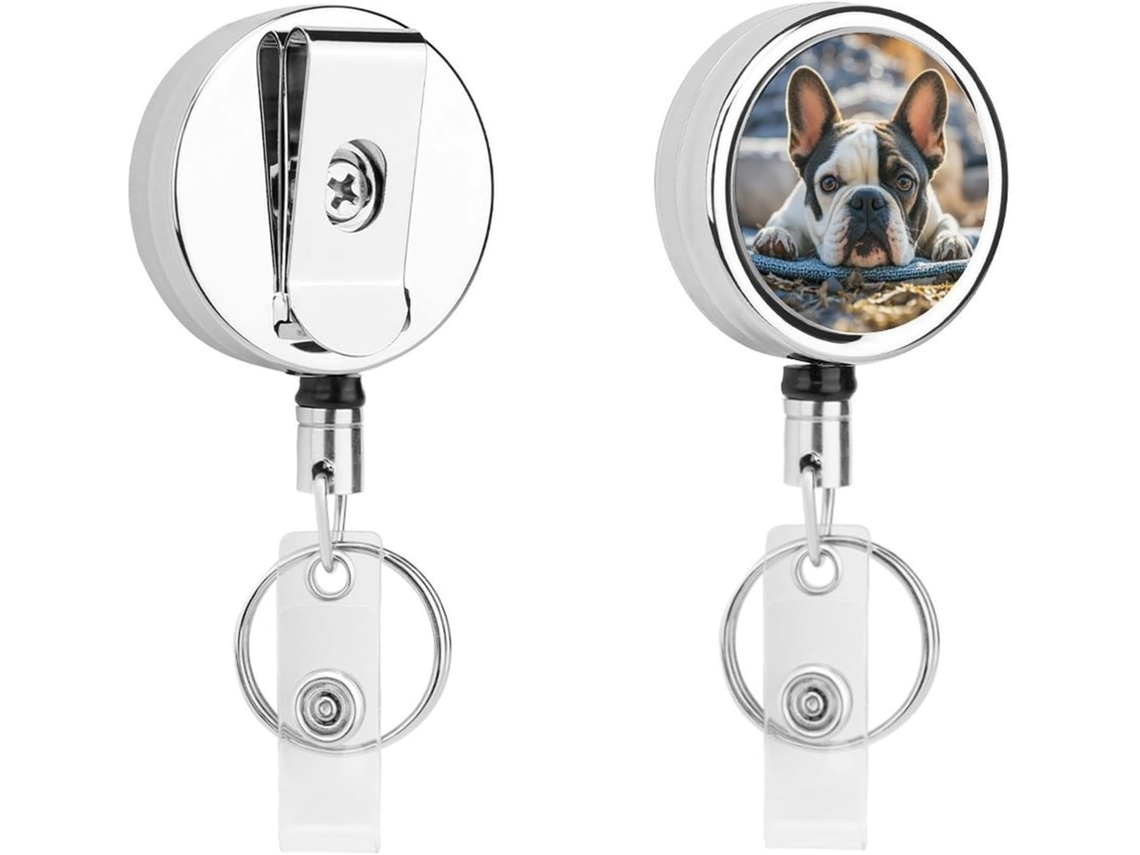 Porta Crachá Bulldog Francês, Compacto E Leve, Retrátil, Em Metal, Com Clipe E Chaveiro Ideal Enfermeiros