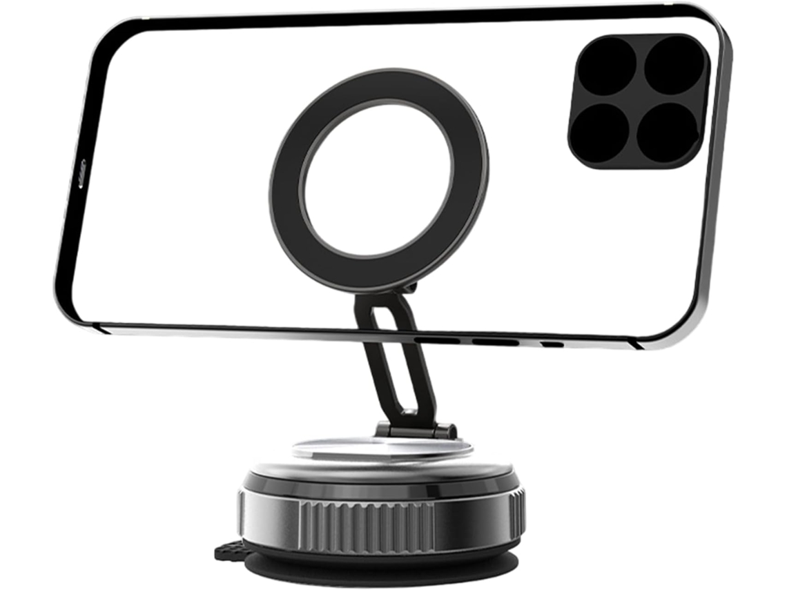 Suporte para celular com ventosa e suporte magnético giratório.