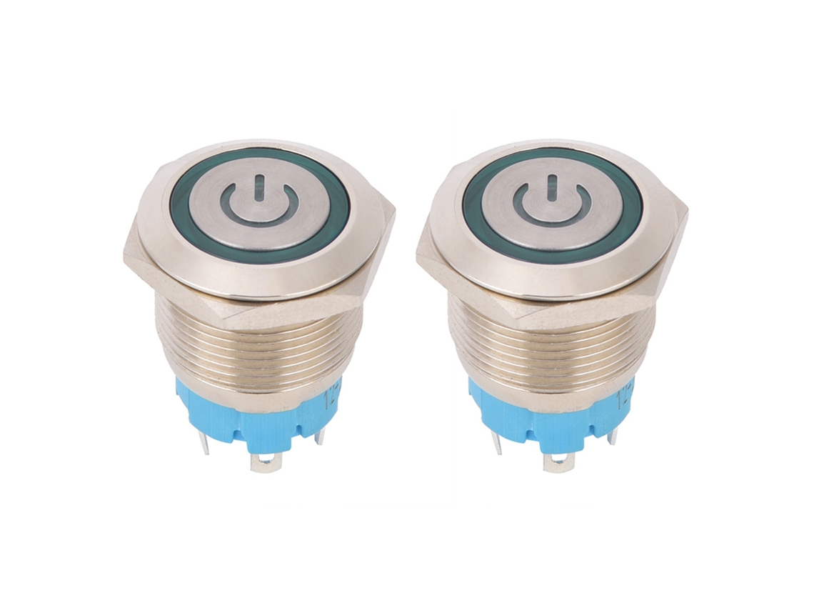 Interruptor De Botão Pressionado 2 Peças 4 Pinos 19mm Cabeça Plana Aço Inoxidável Com Luz Ip65 12-24vdc Verde