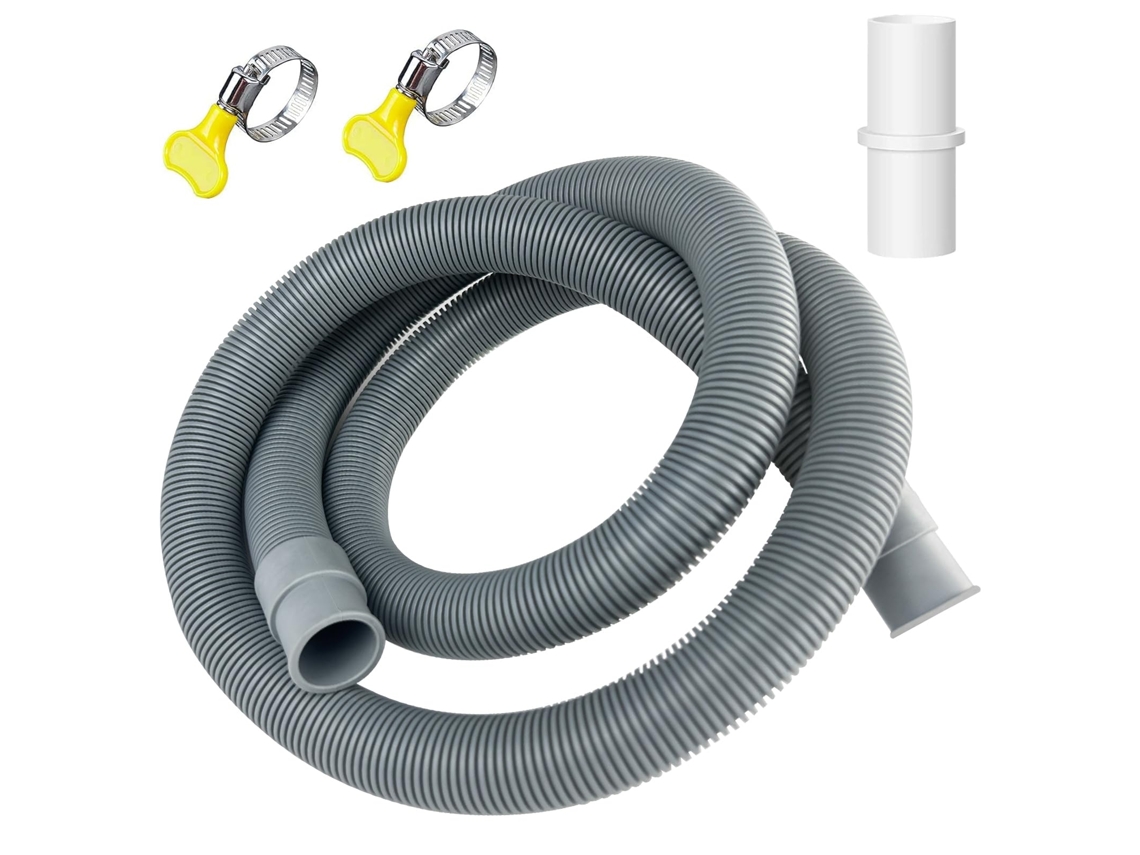 Tubo de desagüe universal de 1,5 m x 20 mm para lavadora y lavavajillas - Con soporte y abrazaderas - Extensión - Gris