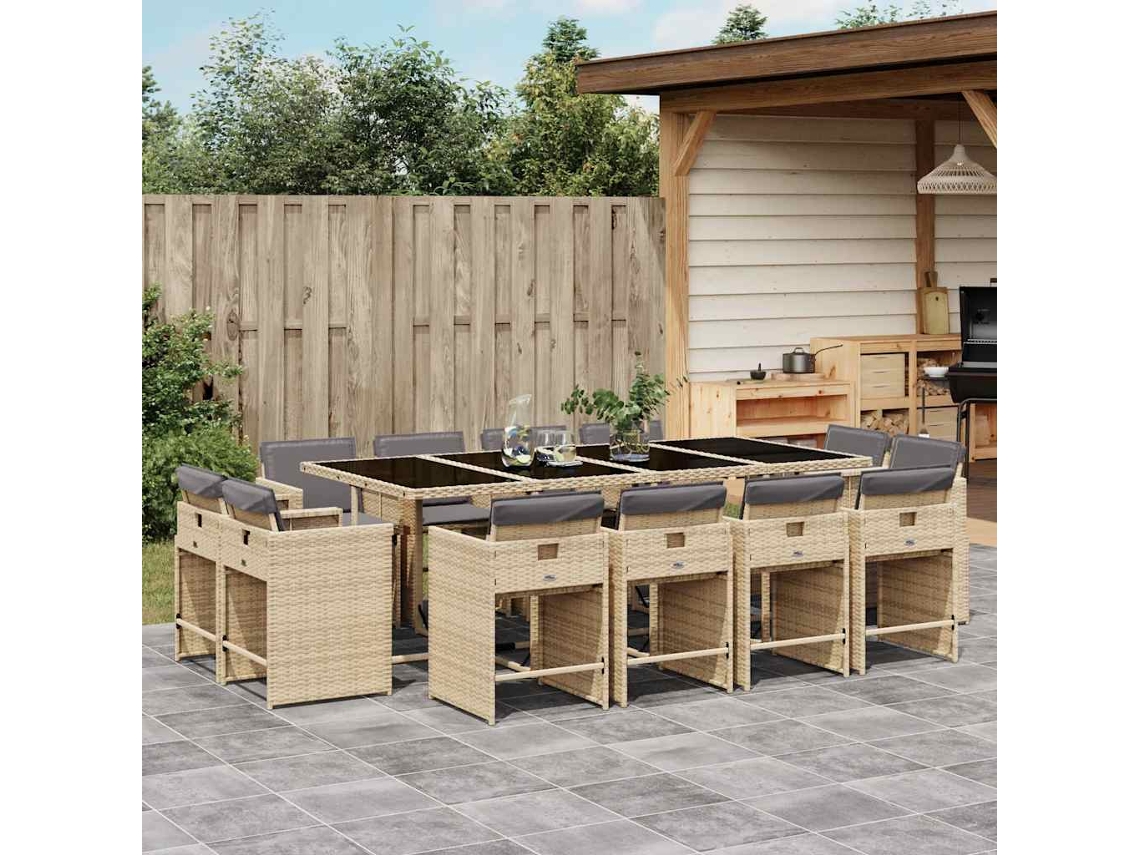 Vidaxl 13 Pcs Conj. Jantar Jardim C/ Almofadões Vime Pe Bege Misturado