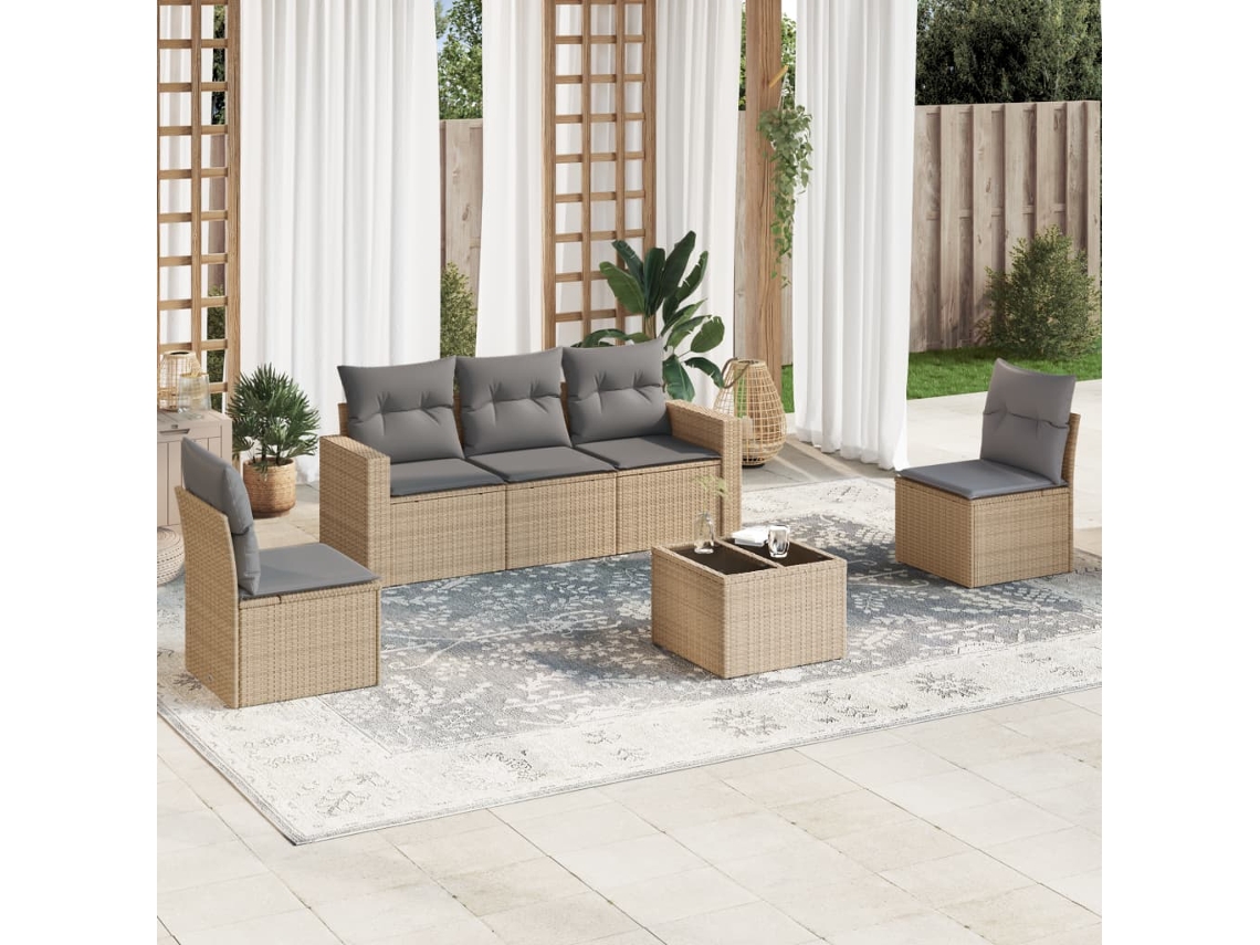 Vidaxl 6 Pcs Conjunto De Sofás P/ Jardim Com Almofadões Vime Pe Bege