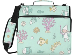 Pasta organizadora com 3 argolas, alça de ombro e bolsa com zíper para mesa escolar com estampa de peixes de coral.