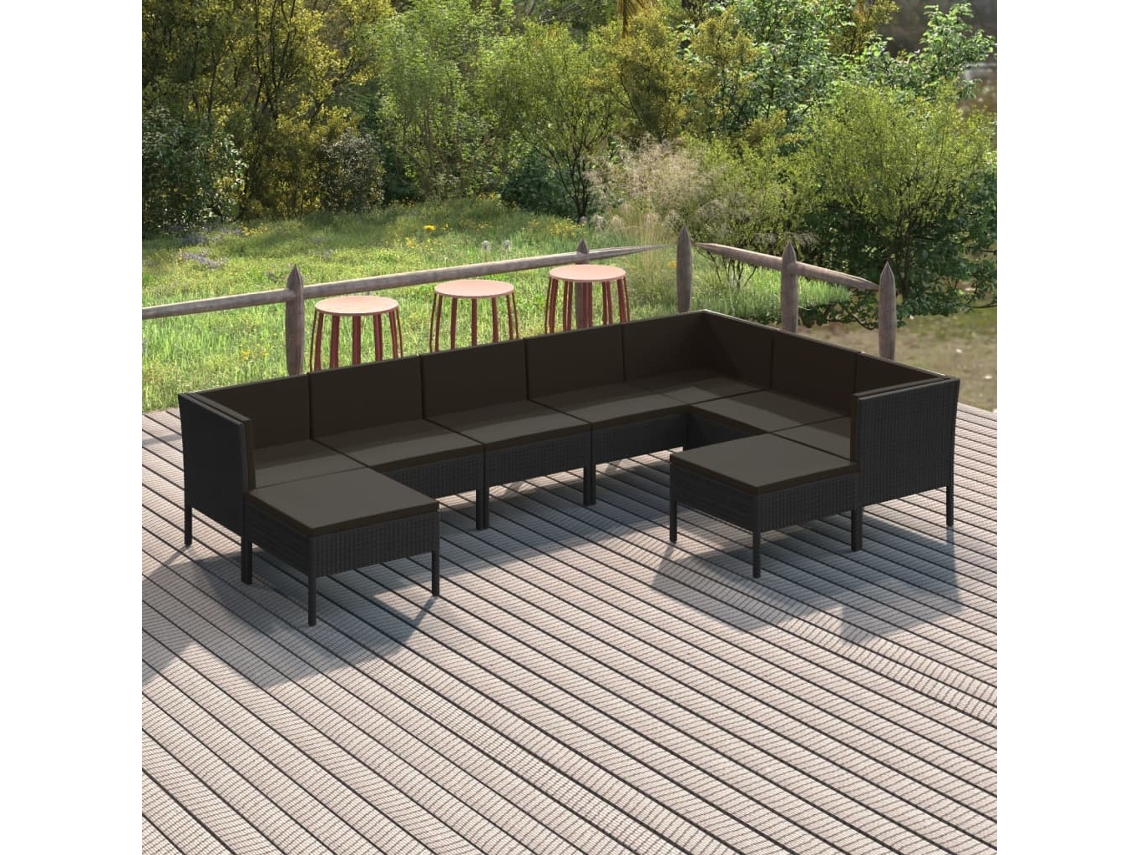 Vidaxl 9 Pcs Conjunto Lounge De Jardim C/ Almofadões Vime Pe Preto