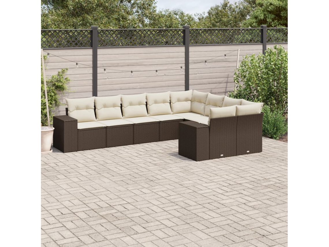 Vidaxl 9 Pcs Conjunto Sofás P/ Jardim C/ Almofadões Vime Pe Castanho
