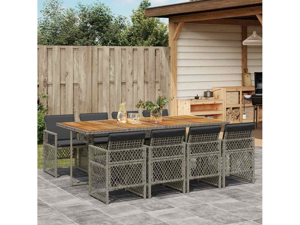 Vidaxl 9 Pcs Conjunto De Jantar P/ Jardim C/ Almofadões Vime Pe Cinza