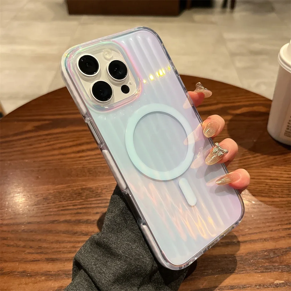 (verde, Iphone 15 Pro) Capa Listrada Para Celular, Compatível Com Carregamento Sem Fio Magsafe, Capa Protetora À Prova De Choque.
