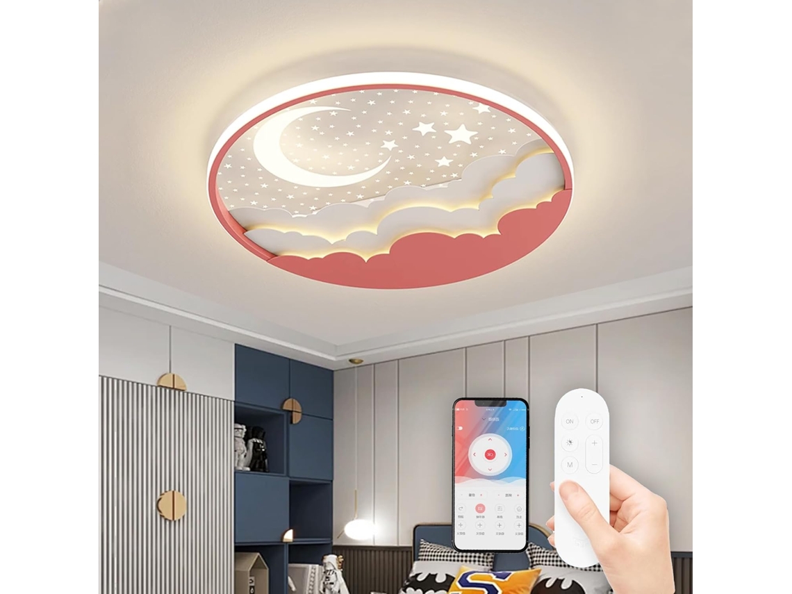 Plafon Led Rosa 40 Cm Com Lua E Estrelas, Luz Suave Para Quarto Infantil