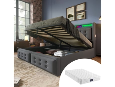 Cama Com Colchão Dupla E Cabeceira Estofada Led Usb-c Armazenamento Pangshiyaun Algodão Linho Cinzento (109x220x161cm)