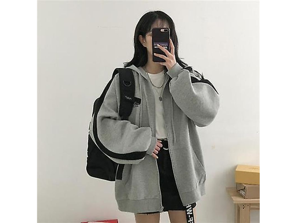 Jaqueta Feminina De Inverno Com Capuz E Bolso Em Poliéster E Lã, Manga Longa E Gola V, Estilo Streetwear Ea01113-preto Cinza