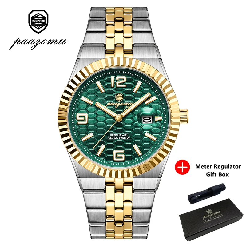 Relógio (verde-dourado) Com Data E Dia Da Semana, À Prova D'água E Com Detalhes Luminosos Em Aço Inoxidável.