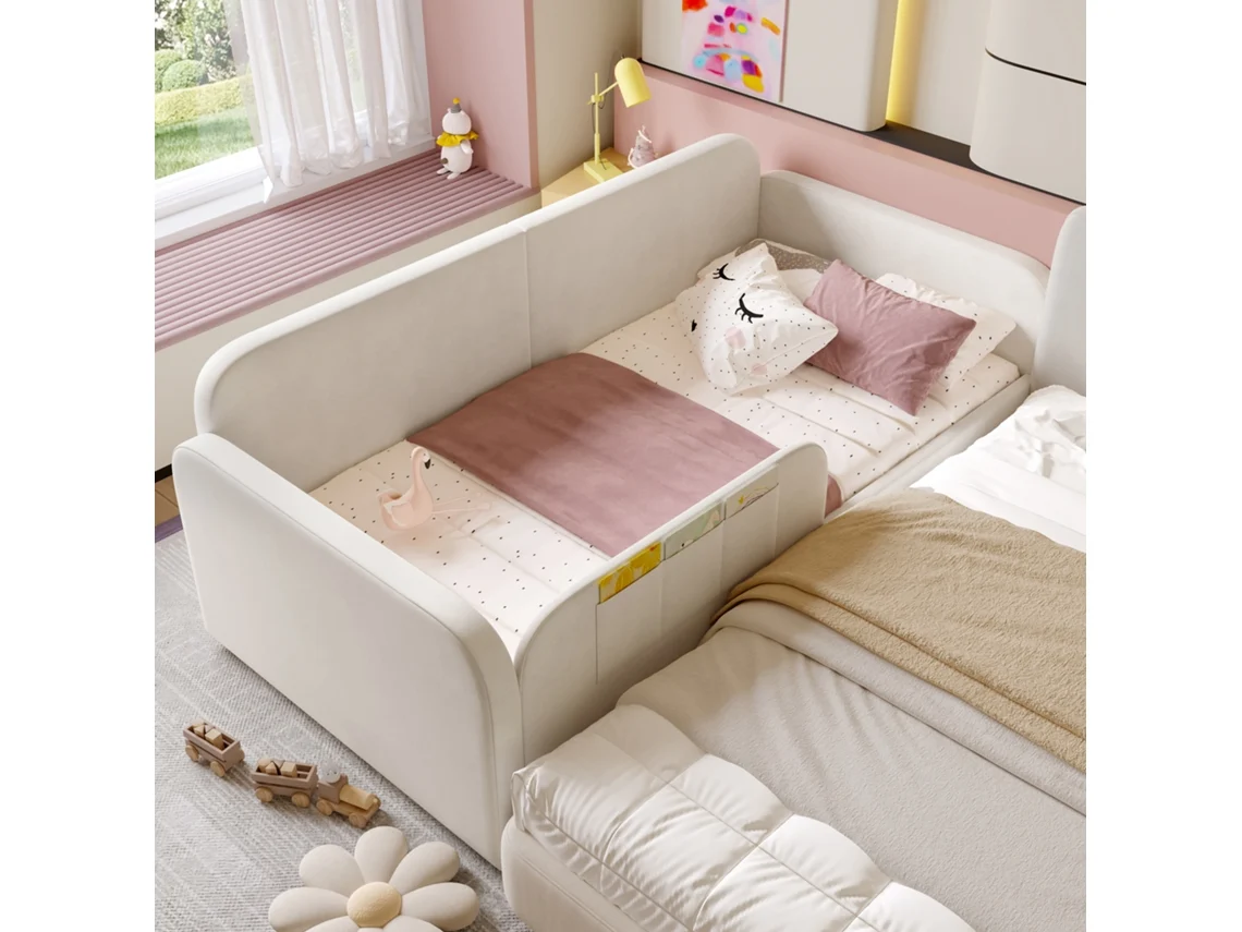Cama Infantil Modular Blanca 90x200 Cm Con Sofá Cama, 2 Cajones, Bolsillos Y Terciopelo