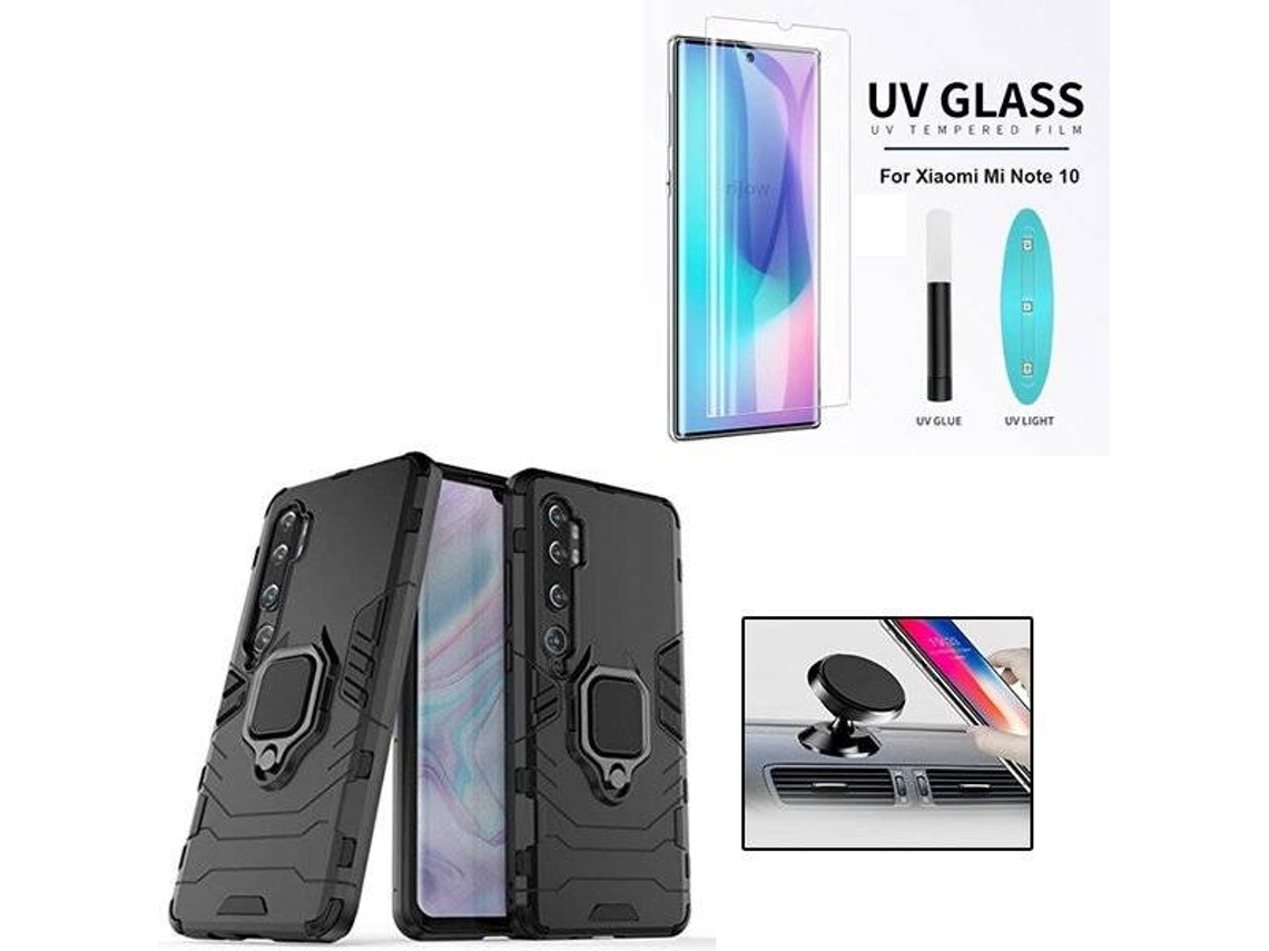 Kit Capa, Película de Vidro Nano Curved UV e Suporte Magnético Auto Xiaomi Mi Note 10 Pro PHONECARE Militar Preto