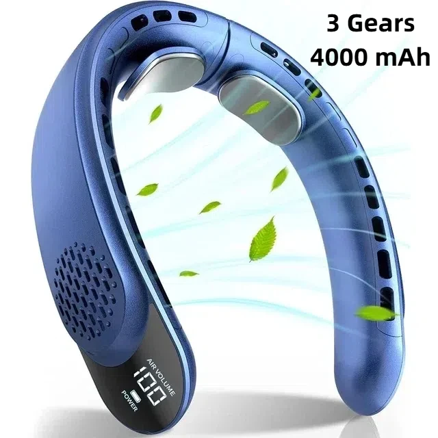 (azul) Ventilador De Pescoço Portátil Sem Hélices, 3 Velocidades Ajustáveis, Fluxo De Ar Super Forte, Resfriamento Rápido.