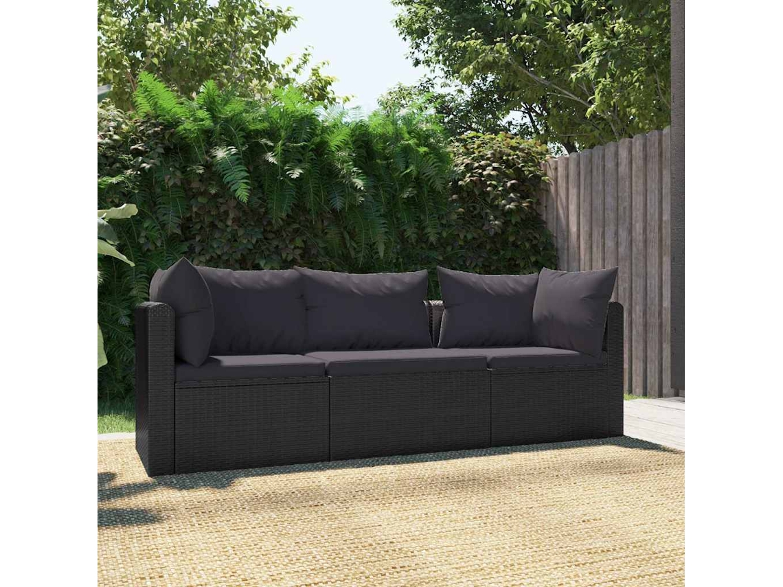 Vidaxl 3 Pcs Conjunto Sofás De Jardim C/ Almofadões Vime Pe Preto
