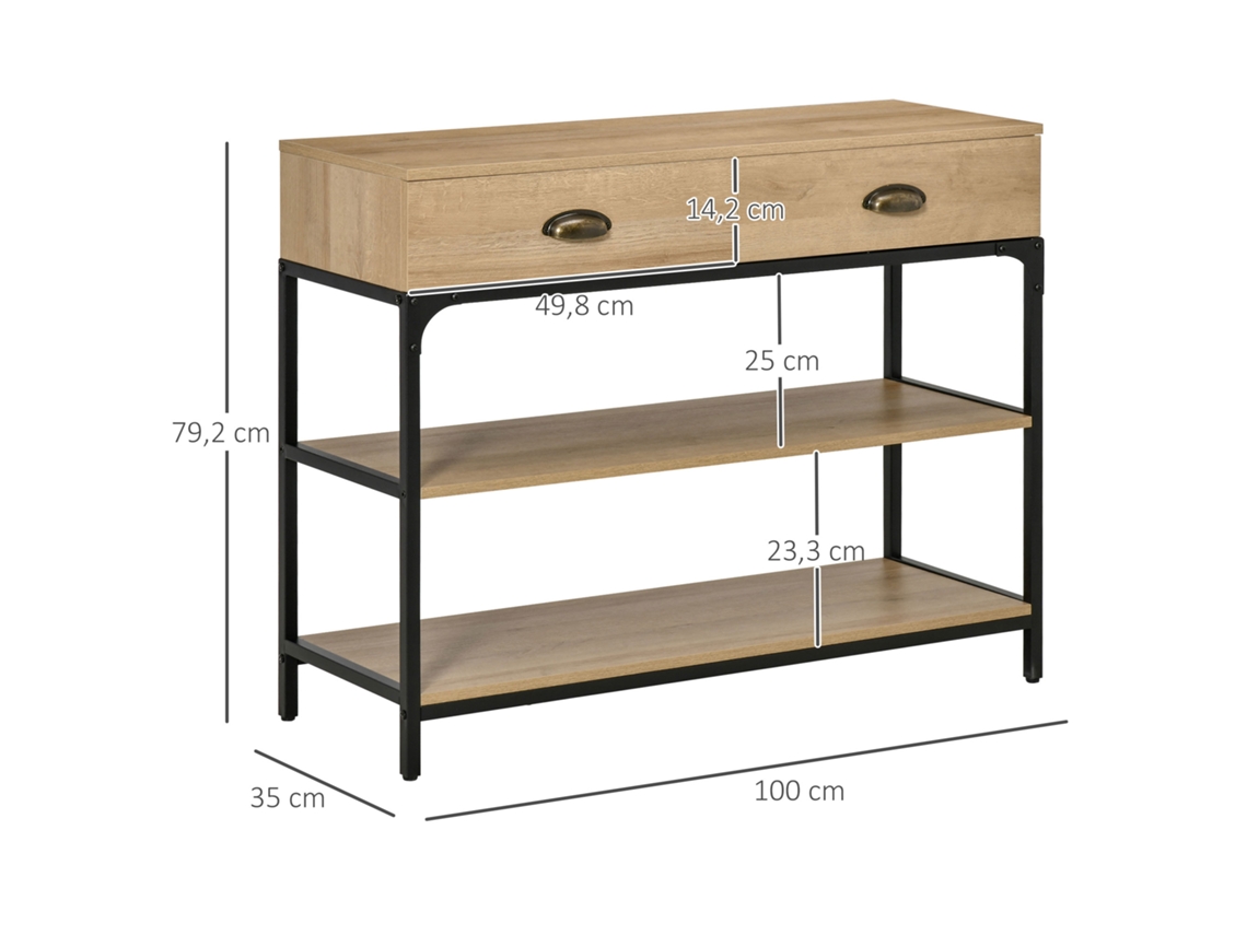 Mesa Consola De Entrada Estreita Com 2 Gavetas E 2 Prateleiras Armazen. Estrutura Aço P/corredor Acesso Sala Estar 100x35x79.5cm Carvalho E