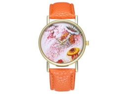 Relógio de quartzo casual para homens, mulheres e meninas com pulseira de couro PU laranja.
