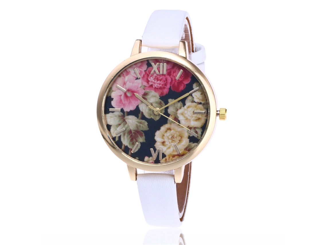 Relógio de Pulso Feminino Vansvar com Mostrador Redondo e Pulseira de Couro Pu Fina Branco