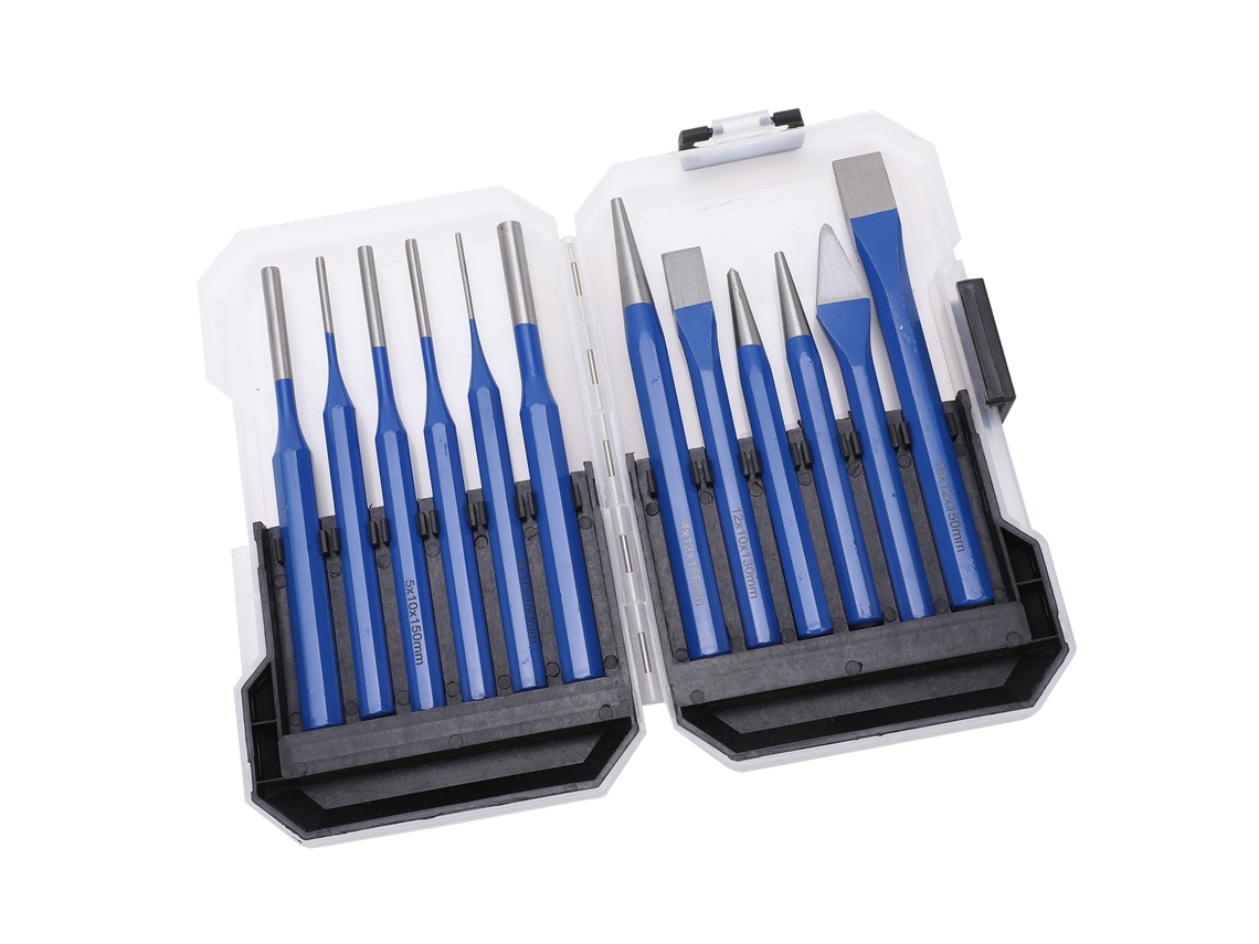 Kit De 12 Ferramentas De Gravura E Perfuração: Burins E Punções Cónicas, Cilíndricas E Planas Com Cabo Azul