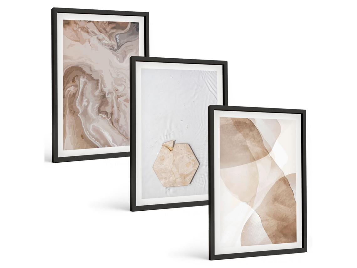 Conjunto De Pinturas Natureza Abstrata De Designer Moldura Preta Imagens Para Um Quarto Infantil Espelharte (3 Piezas De 40x60 Cm)