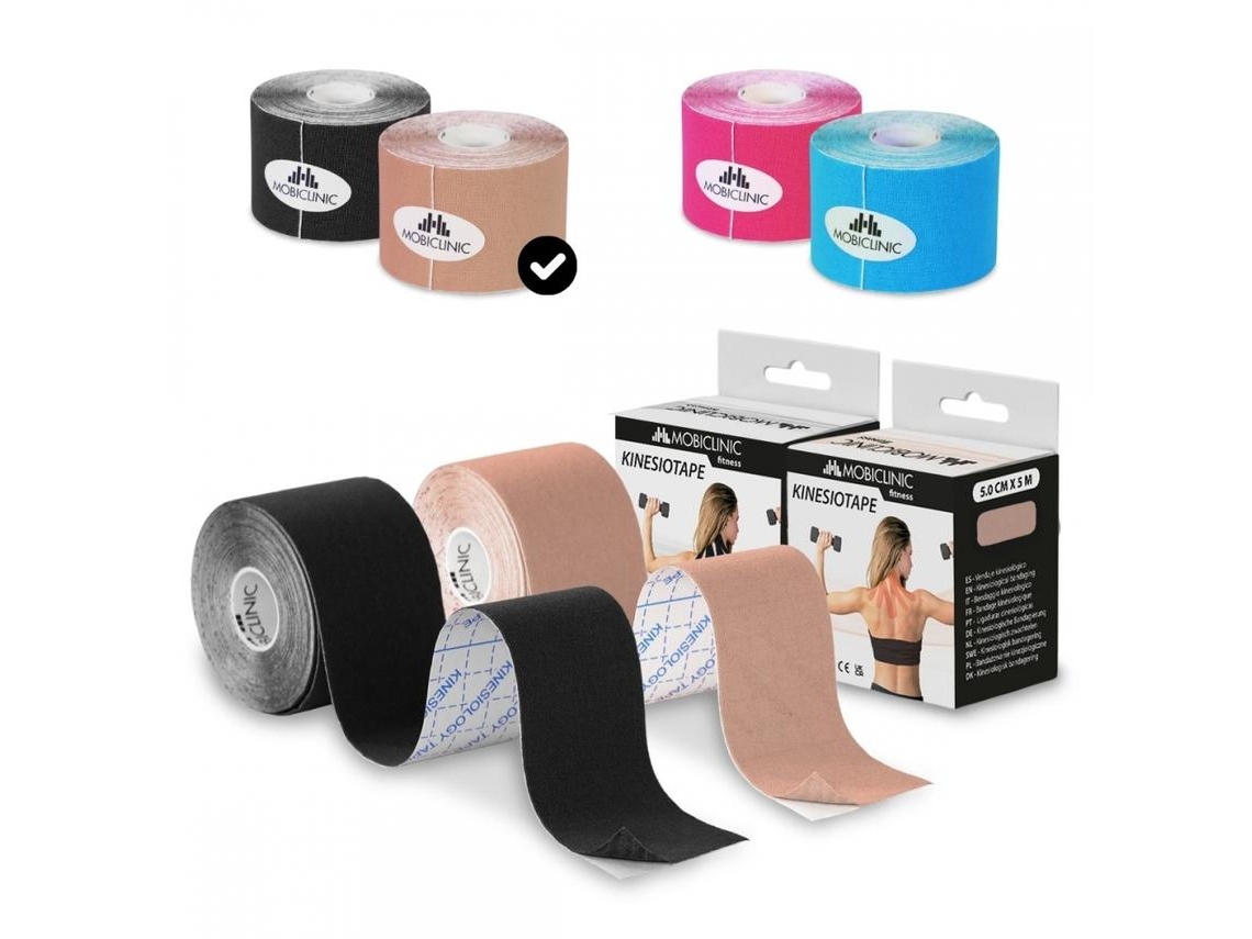 Pack 2 rolos Fita cinesiológica Kinesiotape MOBICLINIC 5m x 5 cm Banda neuromuscular Preto e bege
