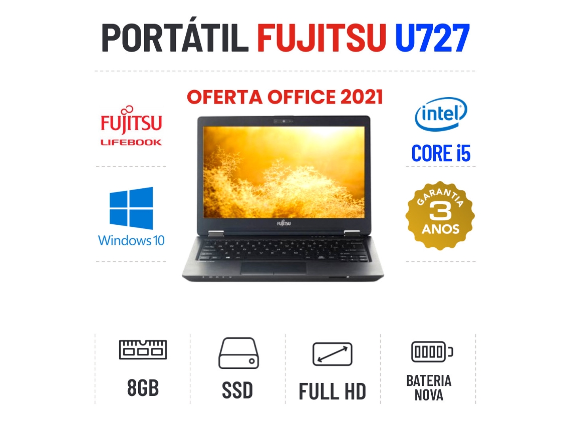 FUJITSU Lifebook U727 12.5 Fullhd I5-6200U 8Gb Ram 240Gb Ssd Bateria Nova Oferta Office 2021 (Recondicionado Como Novo)