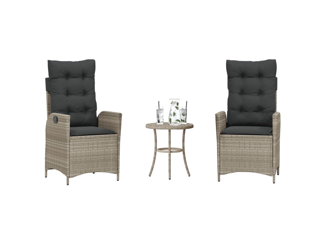 Vidaxl 3 Pcs Conjunto Bistrô Com Almofadões Vime Pe Cinzento Claro