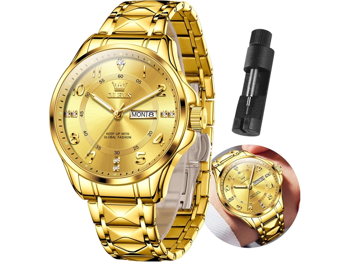 Lurelia Relógio Cronógrafo Masculino, Movimento De Quartzo, Luminoso, Detalhes Com Strass, Aço Inoxidável, Dourado