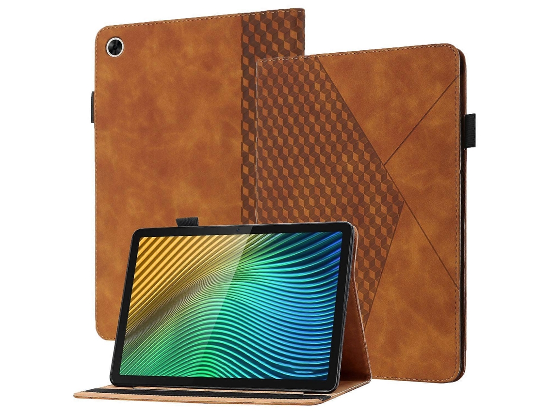 Capa De Couro Para Tablet Oppo Realme Pad Com Estampa De Losangos, Formato Horizontal, Com Compartimentos Para Cartões E Suporte.