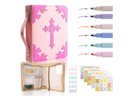 Pu Leather Cross Cover Bible Zipper Handbag For Women Pink, With 6-random Color Square Pens, 5-bohemian Stickers
