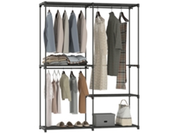 Armário guarda roupa com 2 barras e 4 prateleiras, em tecido não tecido, plástico e aço, 142x43x185cm preto S/MARCA