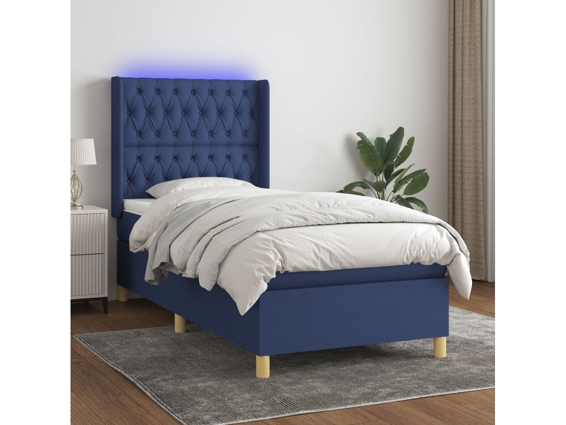 Cama Box Spring C/ Colchão E Led 80x200 Cm Tecido Azul