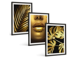 Quadros Decorativos Para Parede Monstera, Palmeira, Lábios De Mulher Moldura Preta Fotos Para O Escritório Espelharte (3 Piezas De 40x60 Cm)